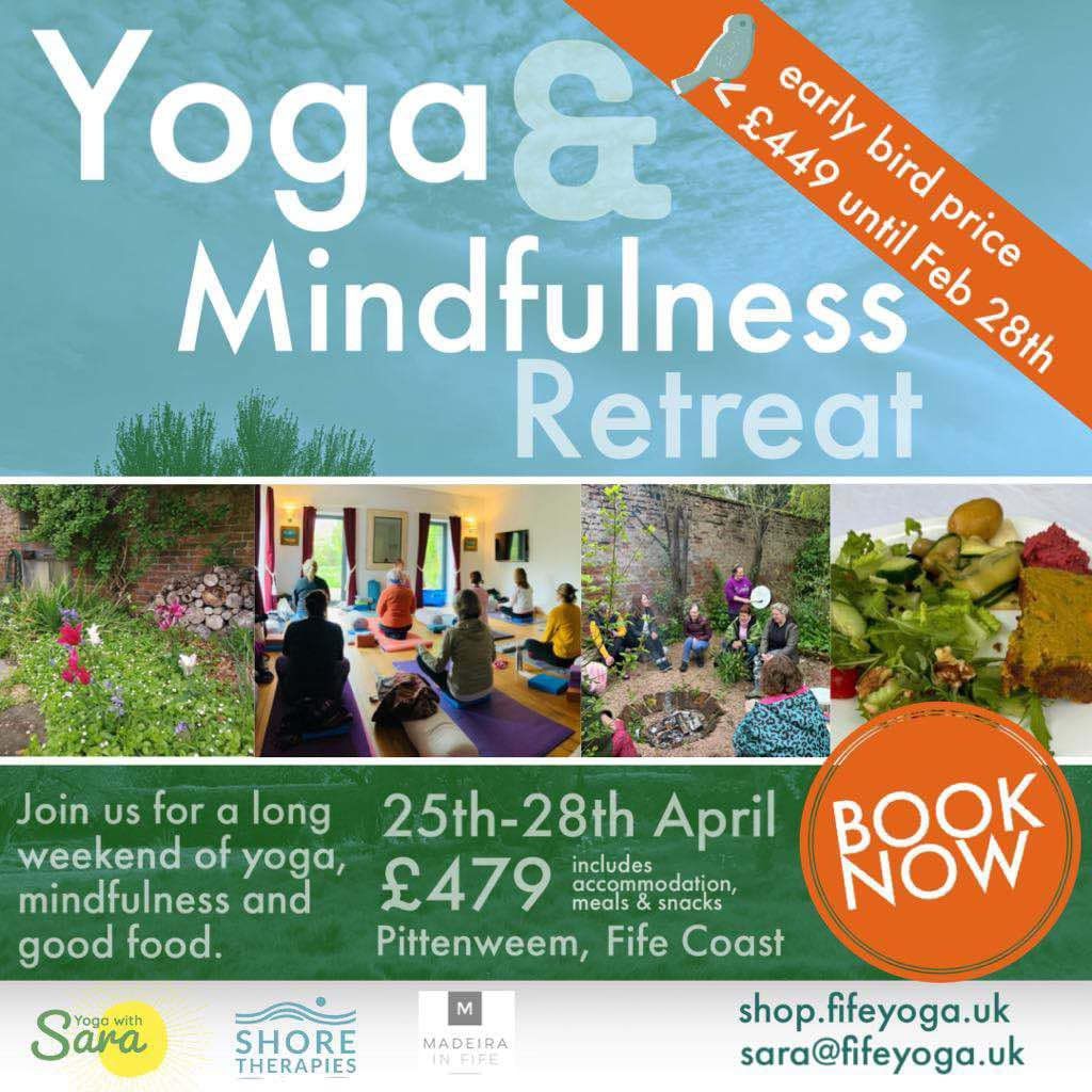 Flyer for yoga and mindfulness retreat in April 2025